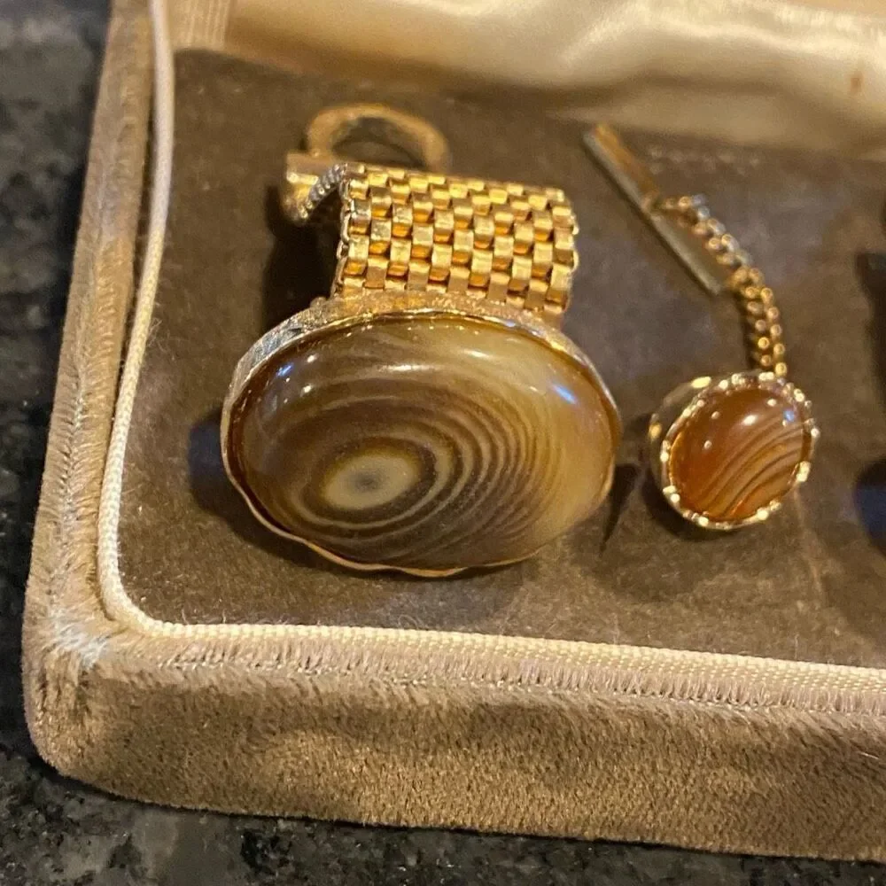 Vintage Dante Cuff Links Tie Tack Gold Tone Agate Look with Box